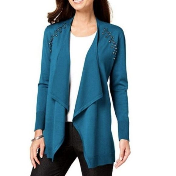 JM Collection Studded Drapey Open Front  Teal Long Cardigan Duster Sweater S - Picture 1 of 9